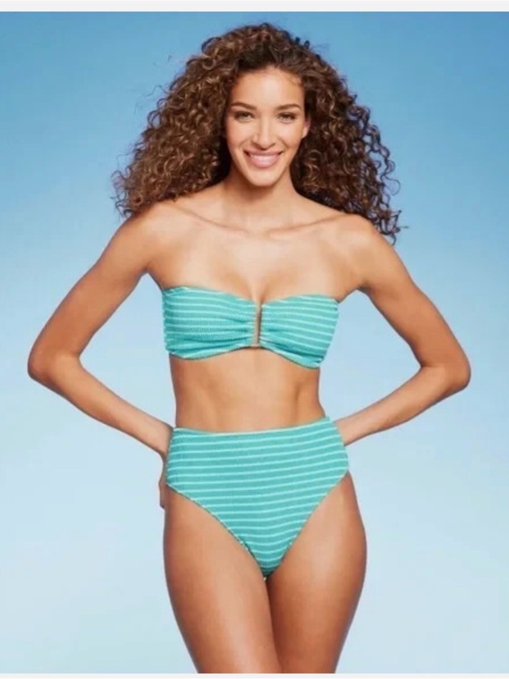 Shade & Shore Teal Stripe Bandeau High-Waist Bikini